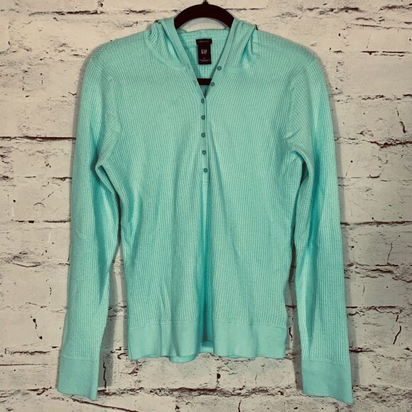 NEW Gap Stretch Waffle-Knit Henley Hoodie Women’s Large Aqua Thermal Top Cozy - Picture 1 of 6